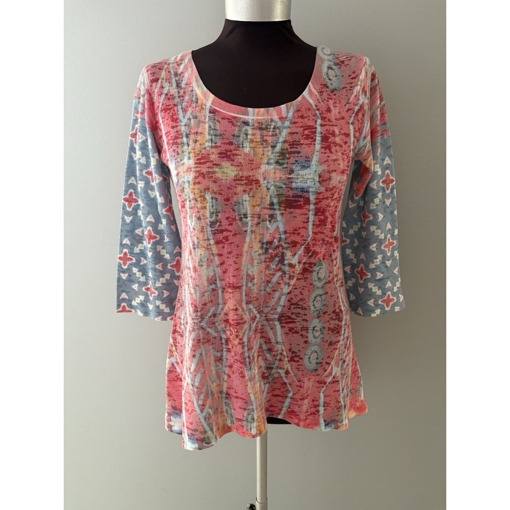Before + Again Thermal Top Size S Pink Blue Abstract Waffle Long Sleeve Floral